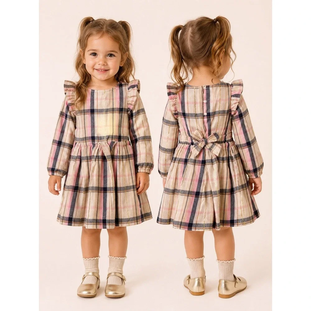 Vineyard Vines Plaid Dress Toddler Girls 3T Pink Navy Gold Excellent Ruffle Bow